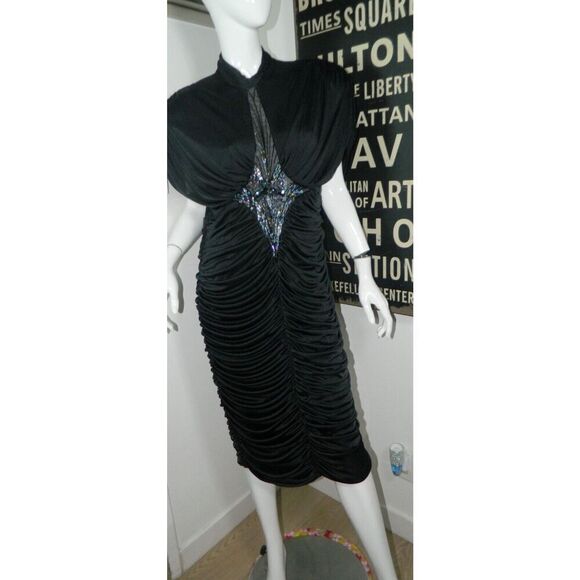 Abby Kent Dress Small Black Ruched  Beaded Sequin Cocktail Cape Draped - Picture 1 of 12